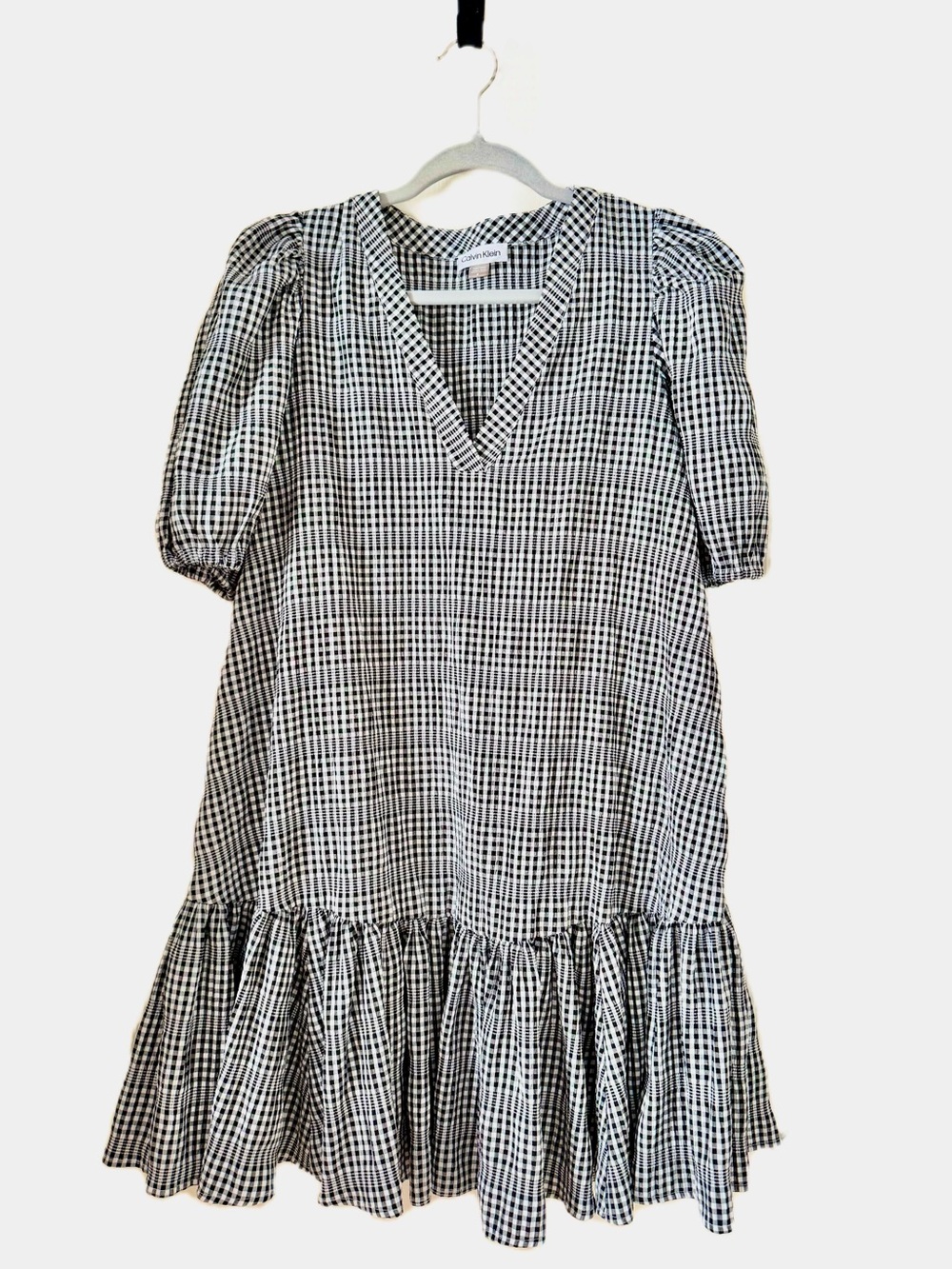 Calvin Klein Black White Gingham Plaid Puff Sleeve Drop Waist Ruffle Dress 6